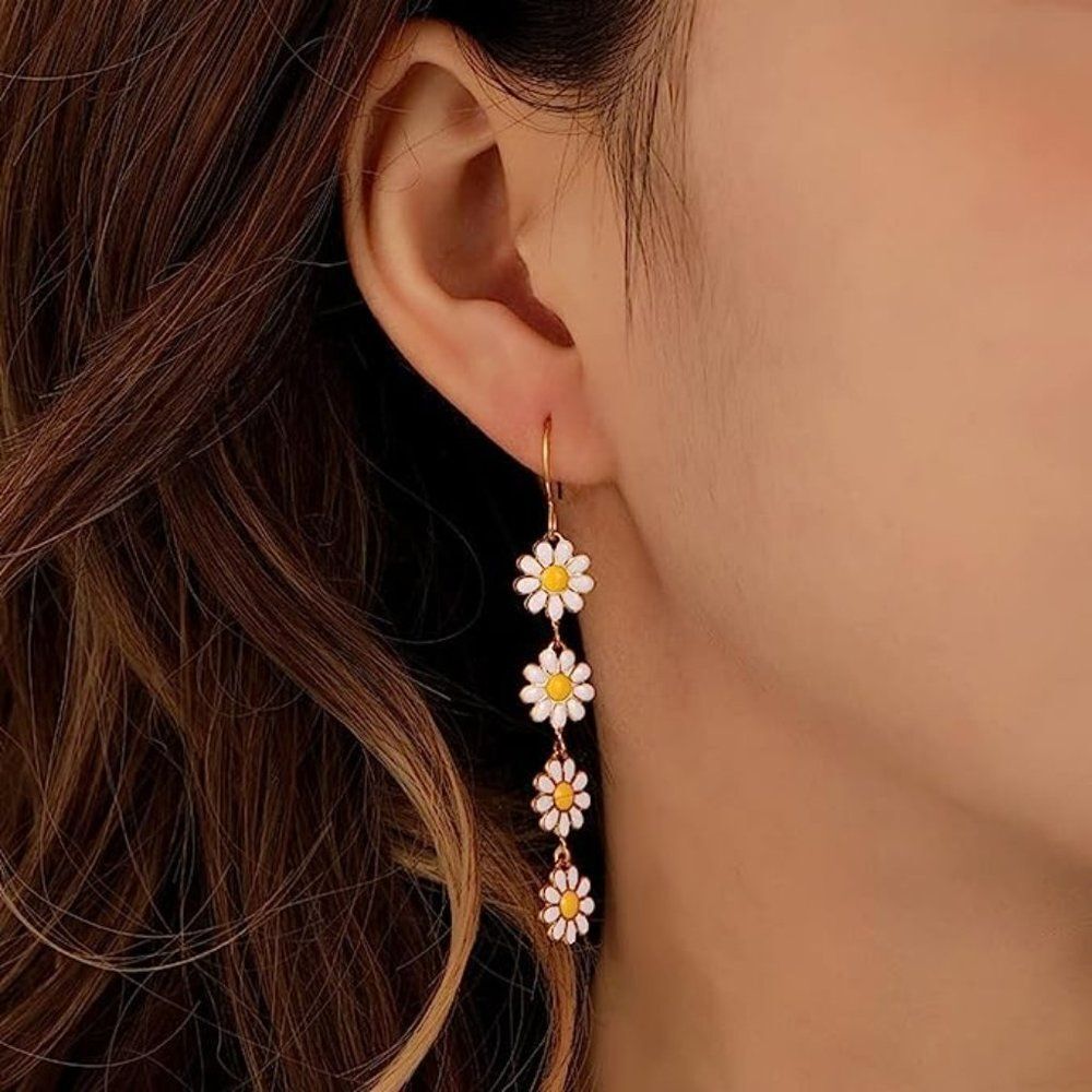 White Daisy Enamel Chain Dangle Earrings - Picture 5 of 5